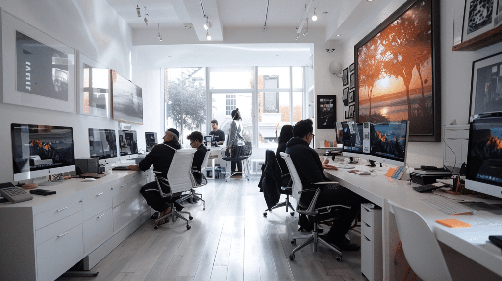 staff working inside a modern video marketing production company office